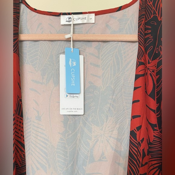 Black and Red Leaf Print Cover-Up Kimono with Fringe - Picture 4 of 6